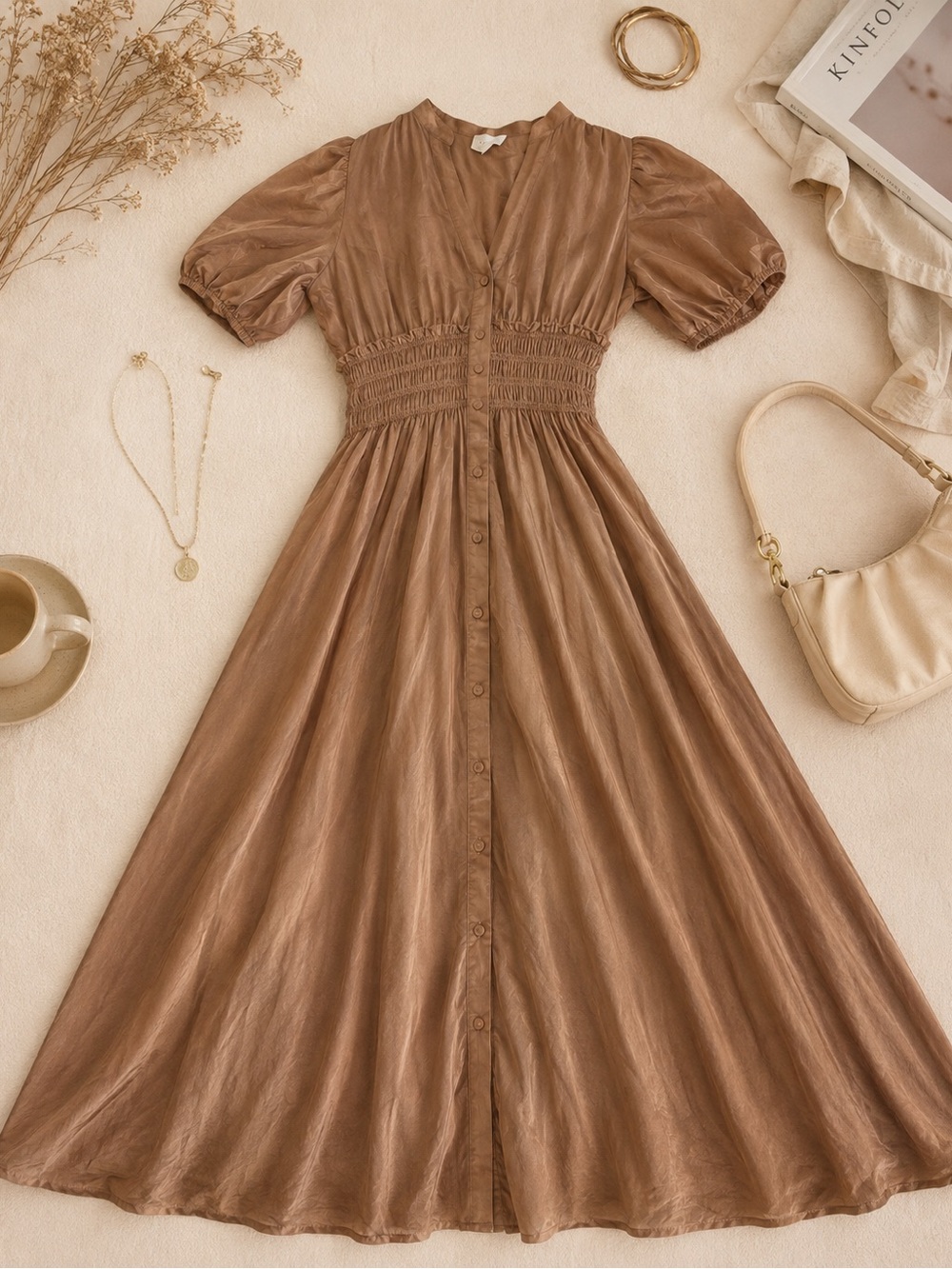 Sundays Women's Chessy Burro Brown Smocked Waist Midi Dress Size Medium